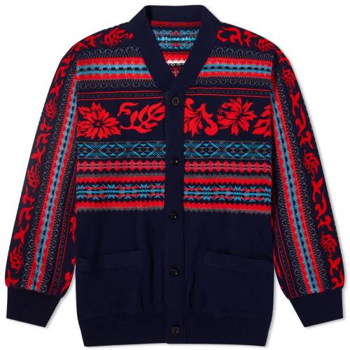 サカイ カーディガン 紺色 ネイビー 赤 レッド & メンズ 【 SACAI FLORAL JACQUARD CARDIGAN / NAVY & RED 】 メンズファッション トップス