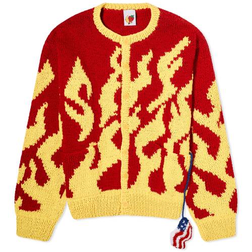 スカイ ハイ クルー カーディガン 赤 レッド メンズ 【 SKY HIGH FARM SKY HIGH FARM FLAME CREW NECK CARDIGAN / RED 】 メンズファッション トップス