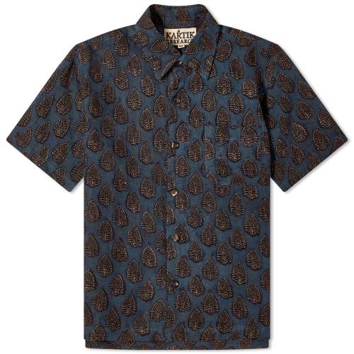 紺色 ネイビー 黒色 ブラック & メンズ 【 KARTIK RESEARCH KARTIK RESEARCH HAND BLOCK PRINTED VACATION SHIRT / NAVY & BLACK 】 メンズファッション トップス