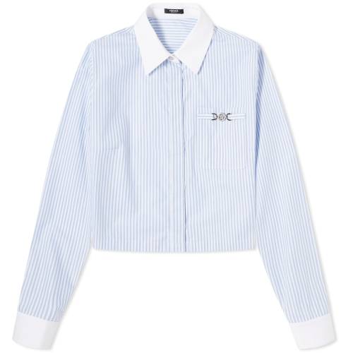 ヴェルサーチェ オックスフォード 青色 ブルー 白色 ホワイト オクスフォードシャツ & レディース 【 VERSACE OXFORD SHIRT / PASTEL BLUE & WHITE 】 レディースファッション トップス