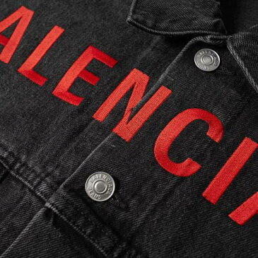 BALENCIAGA ロゴ デニム 黒 ブラック 赤 レッド & 【 BLACK RED BALENCIAGA EMBROIDERED FRONT LOGO DENIM JACKET 】 メンズファッション コート ジャケット