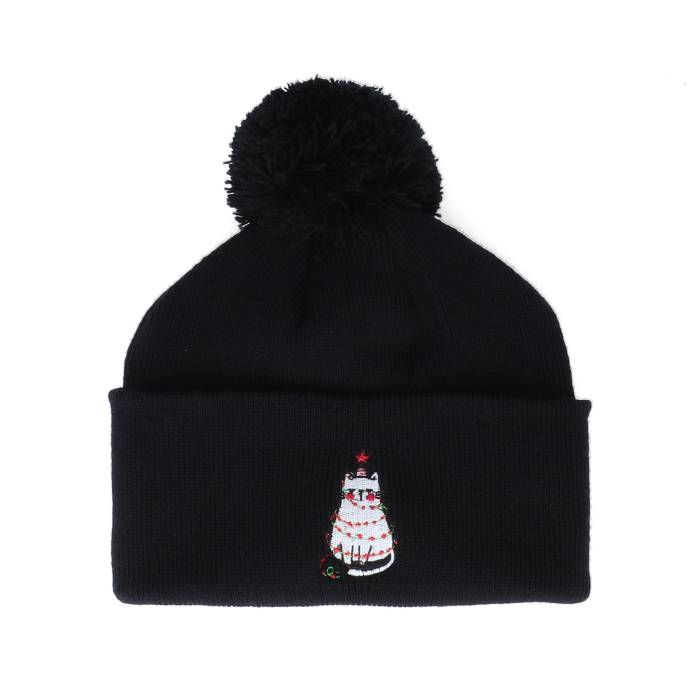 Ho-Ho-Hats 【 Kids Christmas Tree Cat Black Pom Pom Beanie - Iconic Kids Black 】 クリスマス 黒色 ブラック キャップ 帽子 キッズ ベビー マタニティ キッズファッション 帽子 ニット帽 ジュニア キッズ 黒色