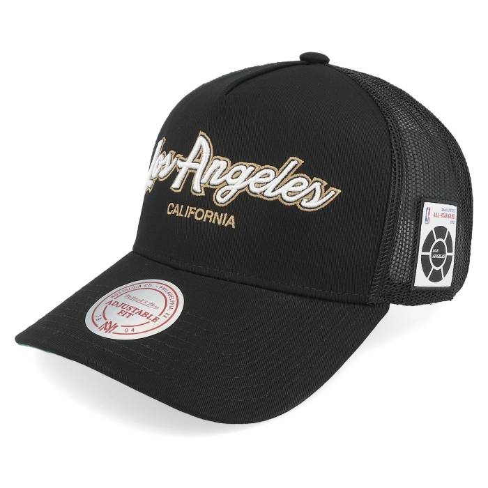 【★スーパーSALE★3/11深夜2時迄】ミッチェル&ネス Mitchell & Ness 【 Hatstore Exclusive X Los Angeles Lakers Script & Patches Black A-Frame Trucker Men Black 】 Lakers レイカーズ スクリプト 黒色 ブラック トラッカー バッグ 小物 ブランド雑貨 帽子