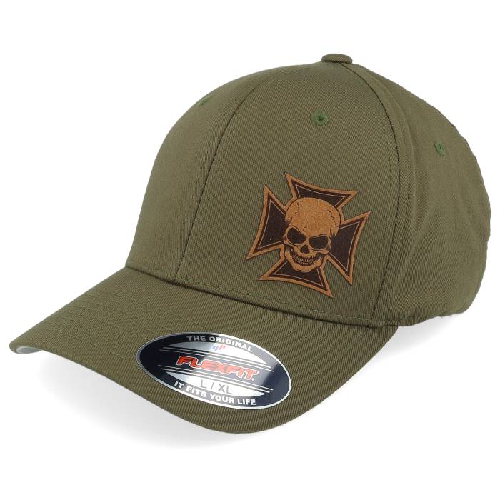 【★スーパーSALE★3/11深夜2時迄】Born To Ride 【 Maltese Cross Skull Brown Patch Olive Flexfit Men Green 】 茶色 ブラウン olive オリーブ バッグ 小物 ブランド雑貨 帽子 メンズ帽子 キャップ メンズ green 緑・グリーン
