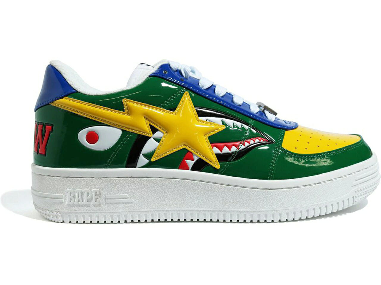 ベイプ パテント 緑 グリーン シャーク 黄色 イエロー 青色 ブルー スニーカー メンズ 【 BAPE A BATHING APE STA LOW M2 20TH ANNIVERSARY PATENT GREEN SHARK / GREEN YELLOW BLUE 】