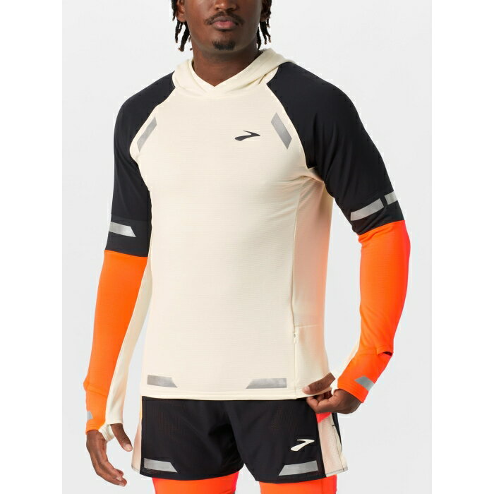 ֥å Brooks  Men's Run Visible Notch Thermal Hoodie 2.0 Men Ecru/Flu...