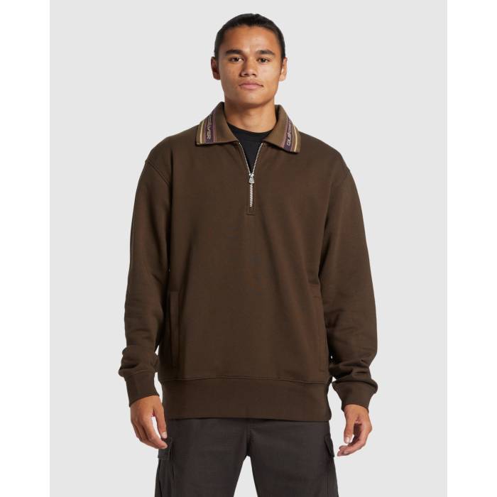 クイックシルバー Quiksilver 【 Mens Collared Half Zip Pullover Sweatshirt Mens Dark Brown 】 メンズ ハーフ スウェット トレーナー メンズファッション トップス スウェット トレーナー メンズ 茶色 ブラウ