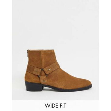 キューバン ヒール ウェスタン ブーツ スエード スウェード バックル メンズ 【 ASOS DESIGN WIDE FIT CUBAN HEEL WESTERN CHELSEA BOOTS IN TAN SUEDE WITH BUCKLE DETAIL 】