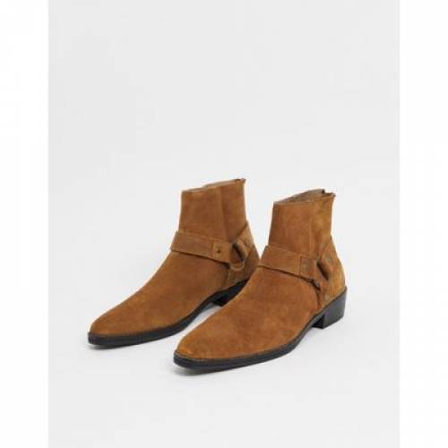 キューバン ヒール ウェスタン ブーツ スエード スウェード バックル メンズ 【 ASOS DESIGN WIDE FIT CUBAN HEEL WESTERN CHELSEA BOOTS IN TAN SUEDE WITH BUCKLE DETAIL 】