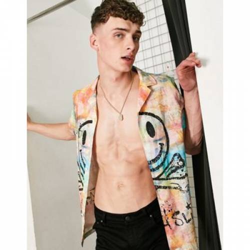 エイソス ASOS DESIGN スリム ネクタイ 【 SLIM ASOS DESIGN FATBOY REGULAR REVERE SHIRT IN TIE DYE WITH FRONT PRINT 】