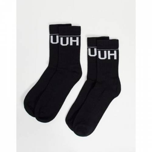 HUGO BODYWEAR ロゴ 靴下 黒色 ブラック 2個入 メンズ 【 HUGO BODYWEAR RIBBED REVERSED LARGE LOGO SPORT SOCKS IN BLACK 】
