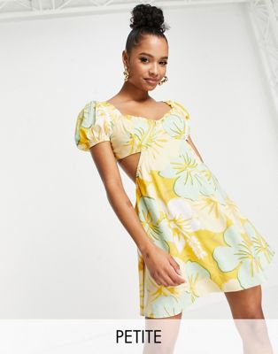 ミスセルフリッジ MISS SELFRIDGE PETITE 【小さめ】 ネクタイ ドレス 黄色 イエロー レディース 【 YELLOW MISS SELFRIDGE PETITE UNDERWIRE TIE BACK TEA DRESS IN HIBISCUS PRINT FLORAL 】