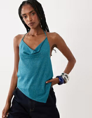 マンゴ 青色 ブルー レディース MANGO TEEN COWL NECK SHIMMER ASYMETRIC HEM TOP IN BLUE / レディースファッション トップス