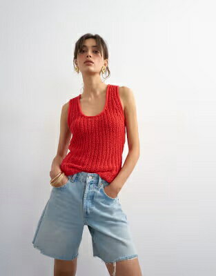 トップショップ ニット タンクトップ 赤 レッド レディース TOPSHOP KNIT LOW SCOOP CROCHET TANK TOP IN RED / レディースファッション トップス