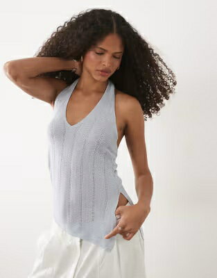 マンゴ ニット 銀色 シルバー レディース MANGO TEEN KNIT HALTERNECK ASYMMETRIC HEM TOP IN SILVER / レディースファッション トップス