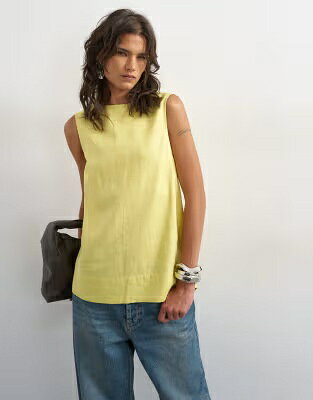 トップショップ タンクトップ ライム レディース TOPSHOP OPEN BACK THROW ON LINEN RICH TANK TOP IN MUTED LIME / ECRU レディースファッション トップス