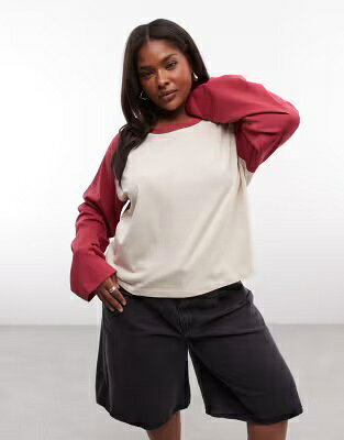 コリュージョン ラグラン スリーブ Tシャツ ワイン色 バーガンディー 長袖 レディース COLLUSION PLUS RAGLAN LONG SLEEVE BOXY T-SHIRT IN ECRU BURGUNDY CONTRAST / レディースファッション トップス jordan23-45358863 スニケス サンプル画像3