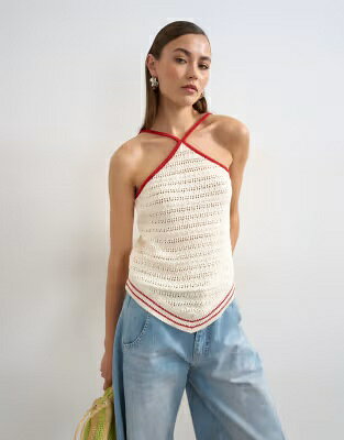 トップショップ ニット 赤 レッド レディース TOPSHOP KNIT STITCHY HALTER TOP IN ECRU AND RED / レディースファッション トップス