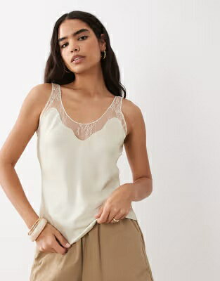 マンゴ サテン ノンスリーブ ベージュ レディース MANGO SATIN LACE DETAIL SLEEVELESS CAMI IN LIGHT BEIGE / ECRU レディースファッション トップス