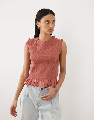 マンゴ ノンスリーブ レディース MANGO TEEN SLEEVELESS SHIRRED TOP WITH EMBROIDERY IN PEACH / レディースファッション トップス