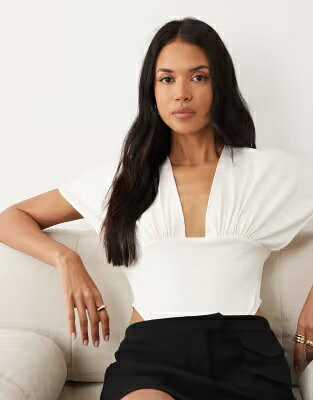 エイソス スリーブ ボディースーツ アイボリー レディース ASOS DESIGN ASOS DESIGN POLYAMIDE DRAPE SLEEVE PLUNGE BODYSUIT IN IVORY / レディースファッション トップス