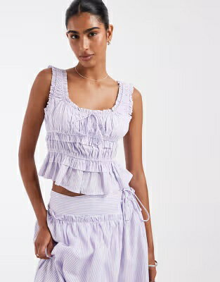 キスザスカイ スカイ レディース KISS THE SKY KISS THE SKY ELENA GATHERED TOP IN LILAC STRIPES - PART OF A SET / レディースファッション トップス