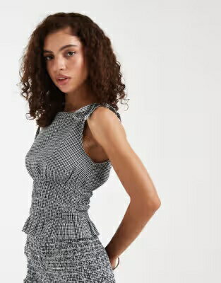 黒色 ブラック レディース JJXX SEERSUCKER CHECKERED TOP WITH BOW DETAILS IN BLACK / レディースファッション トップス