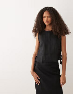 マンゴ 黒色 ブラック 100% レディース MANGO FRED LINEN SLEEVELES TOP IN BLACK - PART OF A SET / レディースファッション トップス