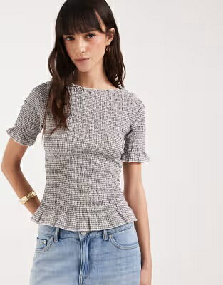白色 ホワイト 黒色 ブラック レディース JJXX SHIRRED TOP WITH GINGHAM PRINT IN WHITE AND BLACK / BRIGHT WHITE レディースファッション トップス