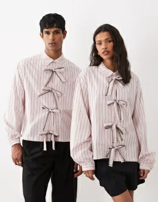 ピンク ストライプ ユニセックス SISTER JANE SISTER JANE HENRIK UNISEX COTTON BOW DETAIL SHIRT IN PINK STRIPE /