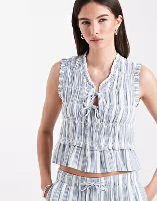 オンリー ネクタイ 青色 ブルー レディース ONLY LINEN BLEND TIE FRONT RUCHED TOP IN LIGHT BLUE STRIPES - PART OF A SET / CORONET BLUE