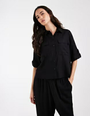スリーブ サファリ 黒色 ブラック レディース AWARE LINEN BLEND SLEEVE DETAIL SAFARI SHIRT IN BLACK - PART OF A SET /
