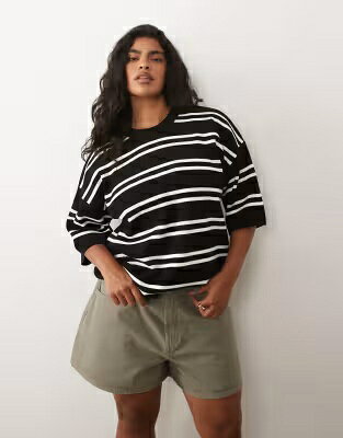 エイソス ニット ストライプ Tシャツ 黒色 ブラック 白色 ホワイト & レディース ASOS CURVE ASOS DESIGN CURVE KNIT STRIPE COMPACT STRUCTURED OVERSIZED T-SHIRT IN BLACK WHITE / MONO レディースファッション ト