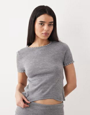マンゴ ニット スリーブ 灰色 グレー グレイ 半袖 レディース MANGO STUDIS KNIT SHORT SLEEVE TOP WITH STUDS IN GRAY - PART OF A SET / レディースファッション トップス