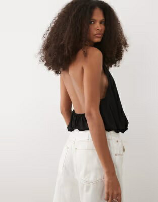 マンゴ バブル ボディースーツ 黒色 ブラック レディース MANGO HALTERNECK BACKLESS BUBBLE WAIST BODYSUIT IN BLACK / レディースファッション トップス