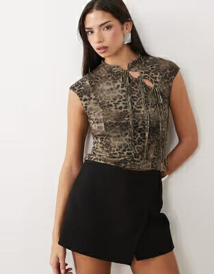エイソス スリーブ ネクタイ レディース ASOS DESIGN ASOS DESIGN PRINTED MESH CAPPED SLEEVE TIE DETAIL TOP IN ANIMAL / MULTI