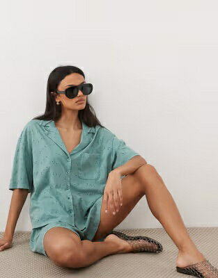 エイソス ジャージー ダウン 青色 ブルー アクア レディース ASOS DESIGN ASOS DESIGN JERSEY BRODERIE COLLARED BUTTON DOWN SHIRT IN WASHED BLUE / WASHED DARK AQUA