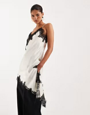 ライオネス Vネック レディース LIONESS EMERGING V-NECK CONTRAST LACE APPLIQUE DETAIL ASYMMETRIC HEM CAMI TOP IN PORCELAIN / レディースファッション トップス
