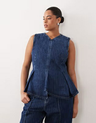 ストライプ デニム 青色 ブルー レディース ARRANGE CURVE STITCH STRIPE DENIM PLEATED V NECK TOP IN WASHED BLUE - PART OF A SET / WASHED BLUE レディースファッション トップス
