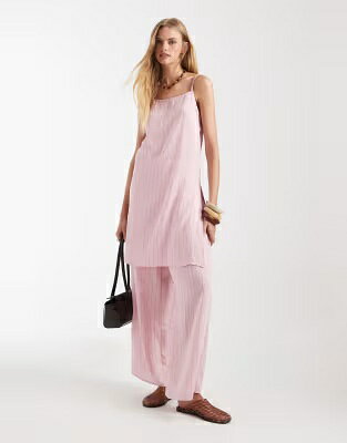エイソス ピンク ストライプ レディース ASOS DESIGN ASOS DESIGN LONGLINE CRINKLE CAMI TOP WITH SPLIT IN PINK STRIPE - PART OF A SET / PINK STRIPE レディースファッション トップス