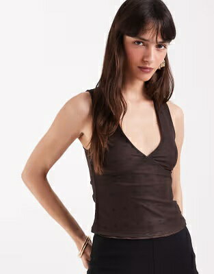 モーテル 茶色 ブラウン レディース MOTEL LIHAT MESH POLKA DOT HALTER TOP IN BROWN / レディースファッション トップス
