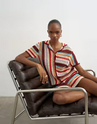 トップショップ ニット ショーツ ハーフパンツ ワイン色 バーガンディー レディース TOPSHOP KNIT CROCHET STRIPED SHORTS IN BURGUNDY - PART OF A SET /