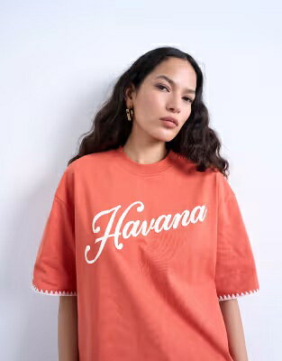 トップショップ グラフィック Tシャツ 橙 オレンジ 'HAVANA' レディース TOPSHOP GRAPHIC OVERSIZED WHIP STITCH TEE IN ORANGE / レディースファッション トップス