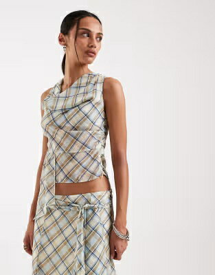モーテル ネクタイ ビンテージ ヴィンテージ 青色 ブルー レディース MOTEL MAIDA CHIFFON OFF THE SHOULDER TIE DETAIL TOP IN VINTAGE BLUE PLAID - PART OF A SET / レディースファッション トップス