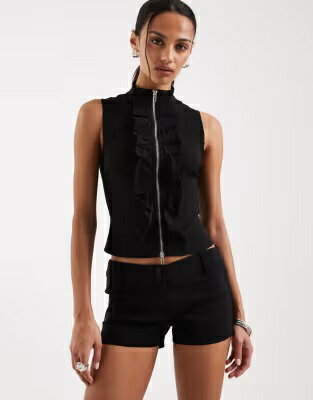 モーテル 黒色 ブラック レディース MOTEL HANAE ZIP FRILL DETAIL TOP IN BLACK - PART OF A SET / レディースファッション トップス
