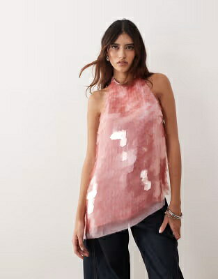 ピンク レディース ARRANGE EMBELLISHED SHARD SEQUINS LONGLINE HALTER NECK TOP IN PINK - PART OF A SET / レディースファッション トップス