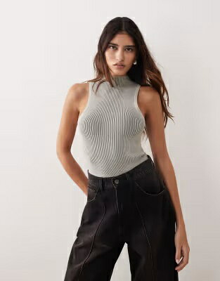 ニット ボディースーツ 灰色 グレー グレイ レディース ARRANGE SOFT RIB KNIT LONGLINE RACER NECK BODYSUIT IN GRAY / レディースファッション トップス