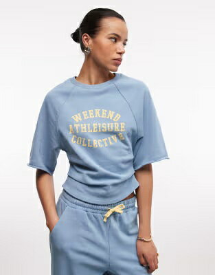 Tシャツ グラフィック 青色 ブルー レディース ASOS WEEKEND COLLECTIVE WEEKEND COLLECTIVE CORSET T-SHIRT WITH ATHLEISURE GRAPHIC IN WASHED BLUE - PART OF A SET / WASHED BLUE レディースファッション トップス