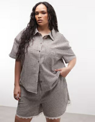 スリーブ 茶色 ブラウン 半袖 レディース NOISY MAY CURVE NOISY MAY CURVE SEERSUCKER SHORT SLEEVE BOXY SHIRT IN CHOCOLATE GINGHAM - PART OF A SET / CHOCOLATE BROWN
