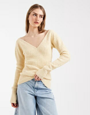 アンドアザーストーリーズ Vネック ニット 黄色 イエロー & レディース & OTHER STORIES OTHER STORIES STRUCTURED RIBBED V-NECK KNIT TOP IN LEMON YELLOW / レディースファッション トップス